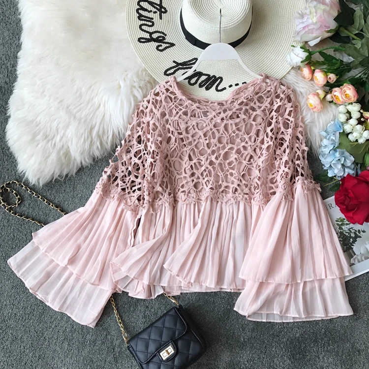 

2019 Big Flare Sleeve Hollow Out Lace Tops Women Sexy Hollow Out Lace Spliced Chiffon Blouses Lady Flare Sleeve Lace Tops shirt