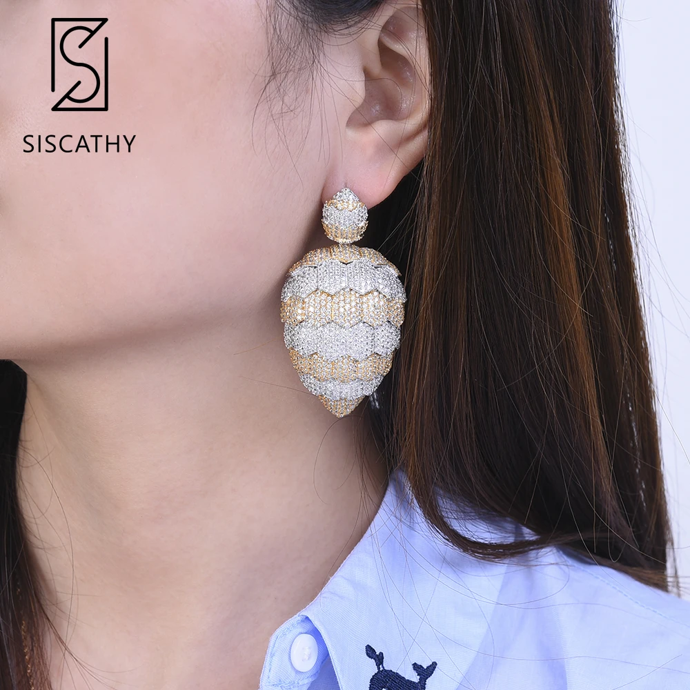 

SISCATHY 34*63 mm Fashion Big Pendant Earrings Cubic Zirconia Inlaid African wedding Engagement Dangle Drop Earrings