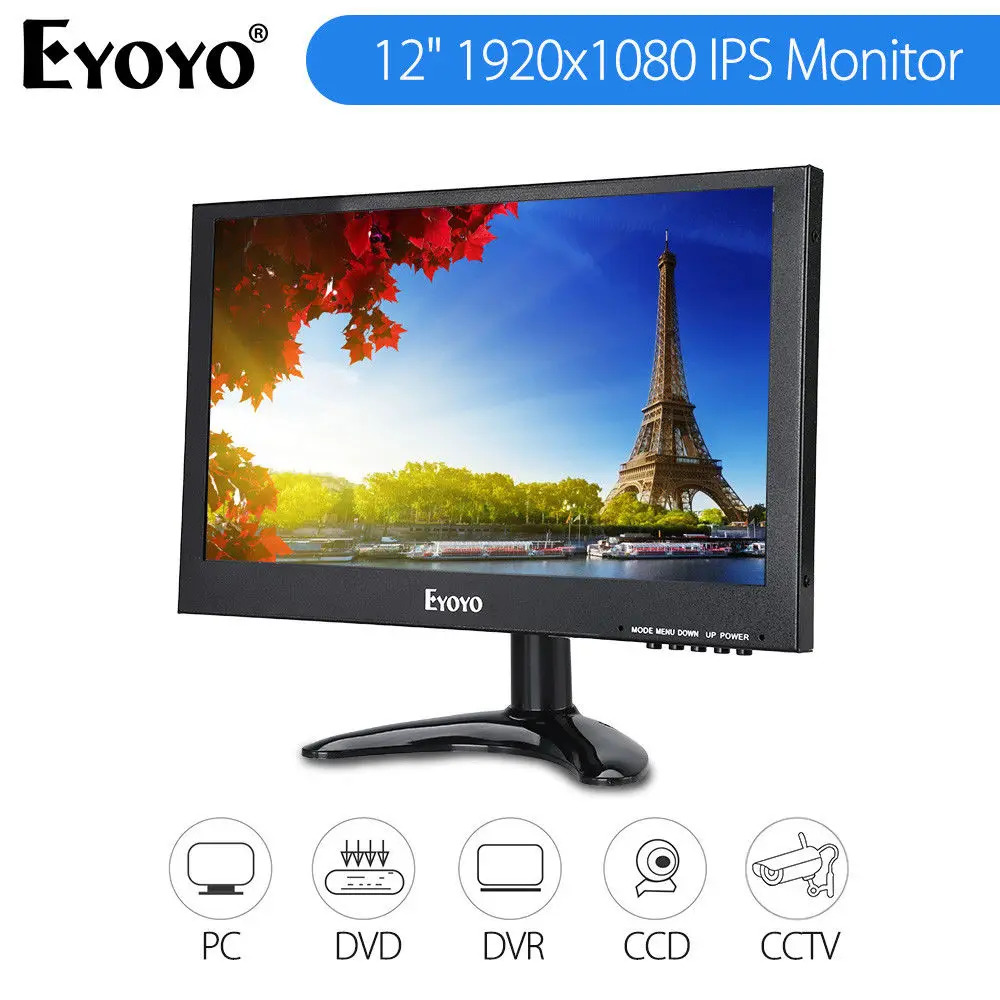 

EYOYO 12" 1920x1080 IPS Monitor 178degree BNC VGA AV USB HD Video Input With Remote Control For PC CCTV DVR Security Camera FPV