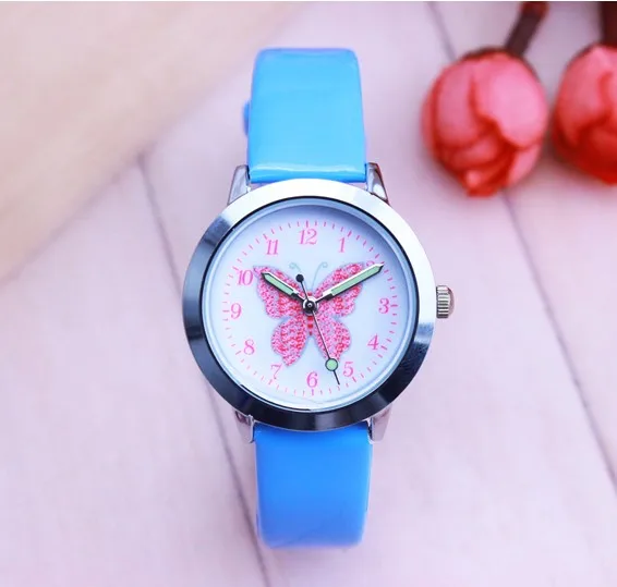 Модные брендовые Детские часы, Детские кварцевые часы, Студенческие Кварцевые часы для девочек, милый цветной циферблат с бабочкой, водонепроницаемые часы - Цвет: sky blue