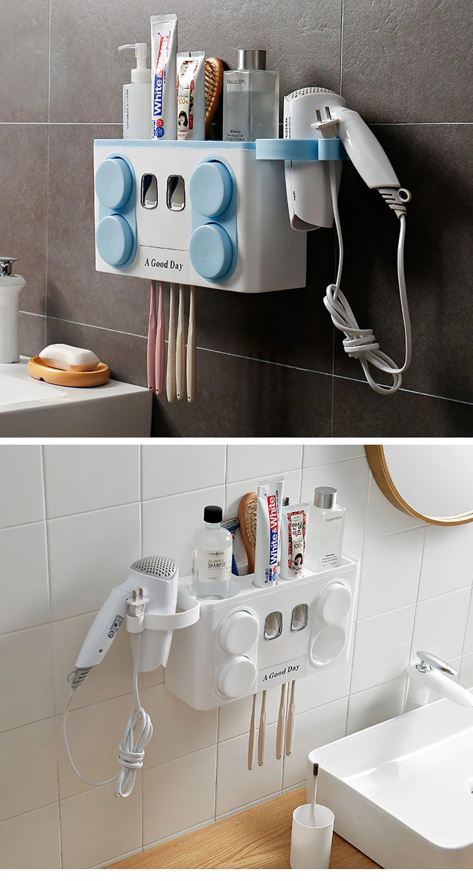 Wonderlife Bathroom Set Accessories Toothbrush Holder Automatic Toothpaste Dispenser Suction Cup Wall Mount Bathroom Storage Box
