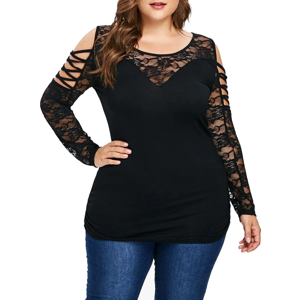 

Feitong plus size t shirt Women fashion Criss Cross Strapless Lace O-Neck T-shirt fashion long sleeve shirt women t shirt XL-5XL