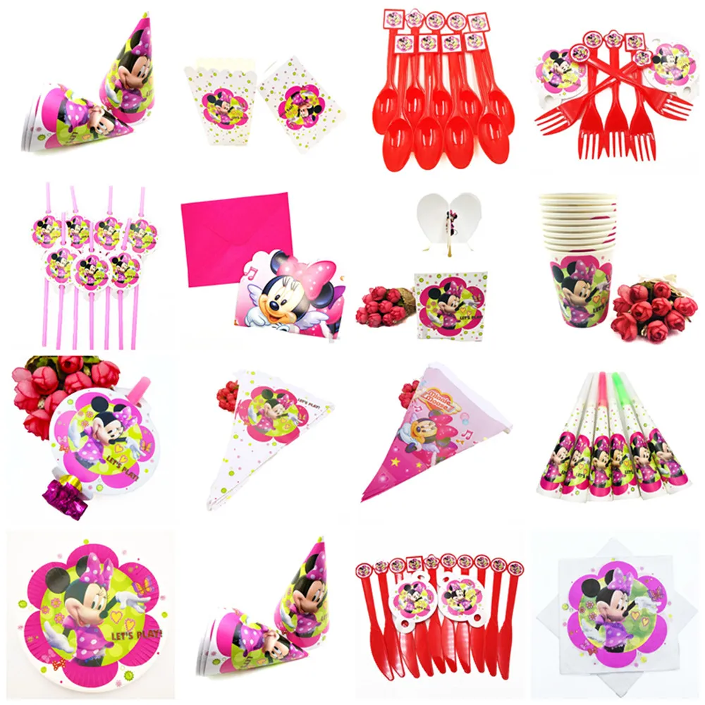 

minnie mouse Party Decorations Flags Tablecloth Straws Cups Plates Candy Popcorn Box Party Supplies Kid minnie mouse Birthday