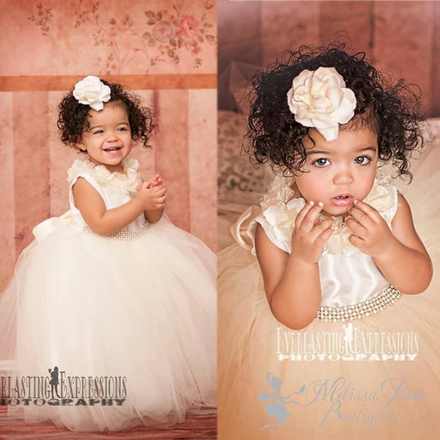 Cheap Custom Make Little Girls Summer Party Dresses Hand Made Flowers Pearls Ball Gown Little Flower Girls Dresses White