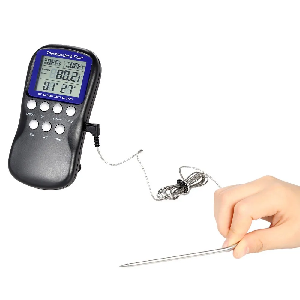 

practical Food Digital Thermometer with Timing Alarm Thermometer Probe Temperature Sensor oven Clock Timer ABS #15/5
