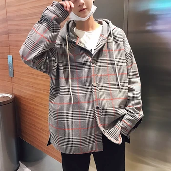 

2018 Autumn New Men's HongKong Style Fashion Tide Lattice Printing Grey Even Hat Spliced Outwear Loose Casual Jacket Coat M-2XL
