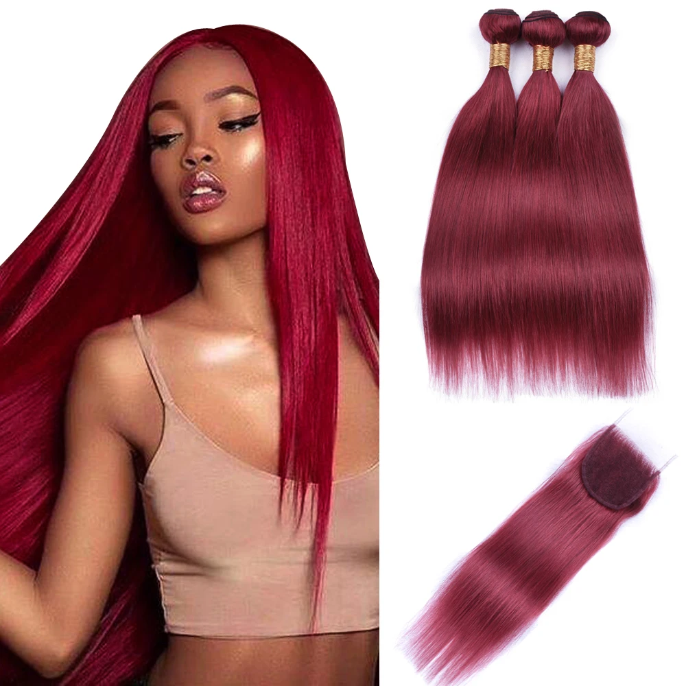 Beaudiva Brazilian Straight Human Hair Bundles With Closure 3pcs