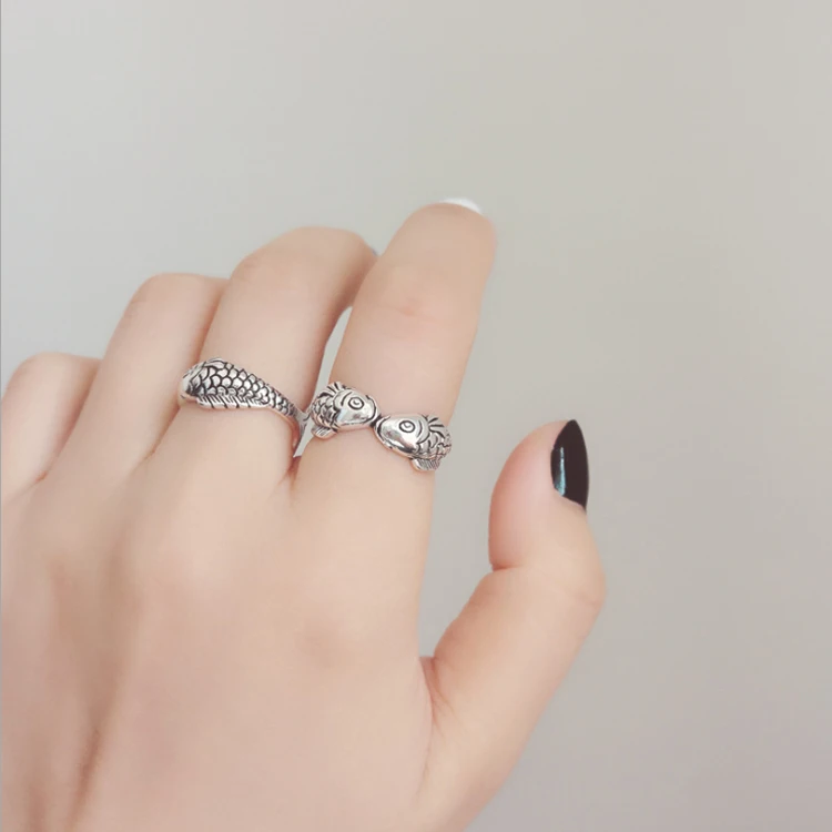 Real 925 Sterling Silver Fish Rings for Women Adjustable Wedding Ring Fashion sterling-silver-jewelry Girls Gift | Украшения и