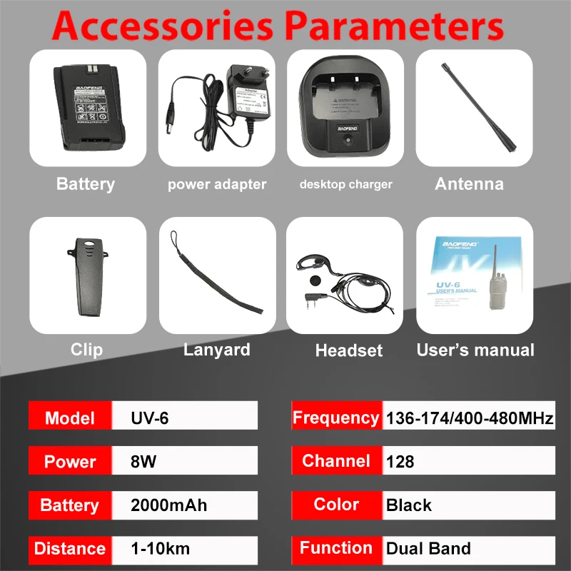 2 шт Baofeng UV-6 портативная рация 8 Вт 2000 мАч 128 CH UHF VHF Двухдиапазонная двухсторонняя радио Woki Toki 10 км полицейское оборудование радио Amador