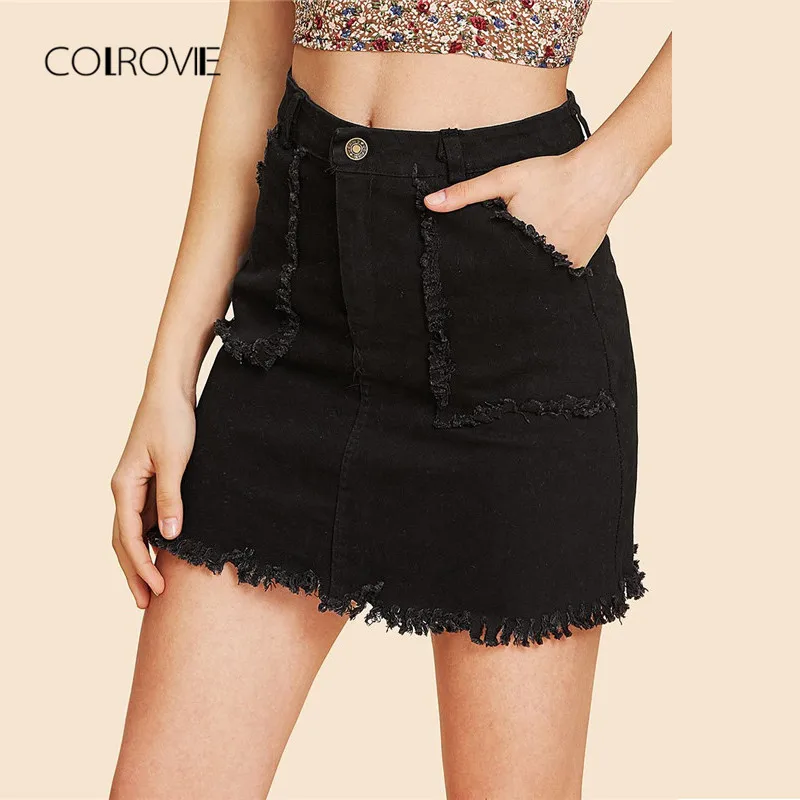 Kopen COLROVIE Zwart Ripped Mid Taille Denim Rok 2018 Zomer Nieuwe Mode Knop Zakken Mini Rok Streetwear Casual Vrouwen Rok