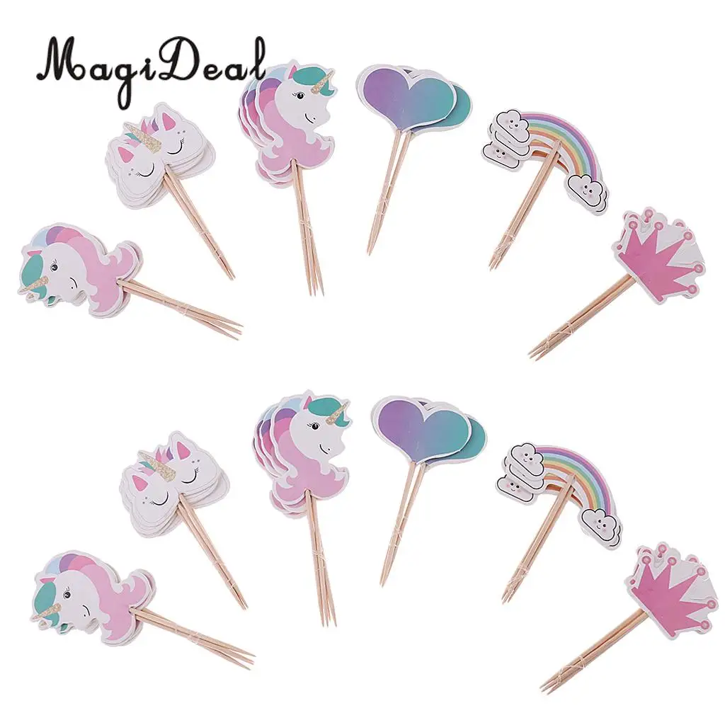 MagiDeal 2 Set Rainbow Unicorn Cake Topper Love Shape Crown Food Picks Party Decor