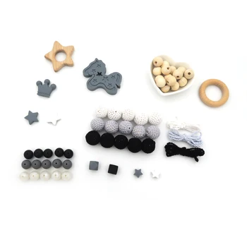 

DIY set classic black grey white silicone beads hex crochet round beading trojan teether beech wooden star crown bead EA369