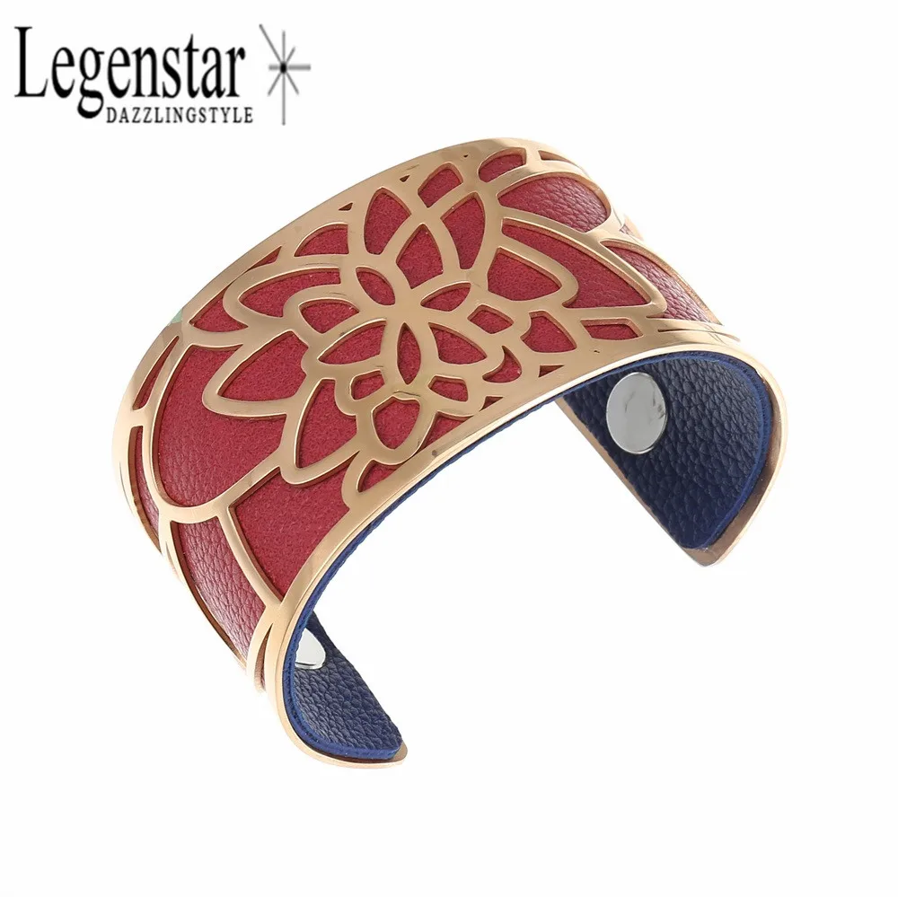 

Legenstar Rose Gold Finish Water Lily Bracelet 316 Stainless Steel Opening Bangle Interchangeable with Reversible Color Leather