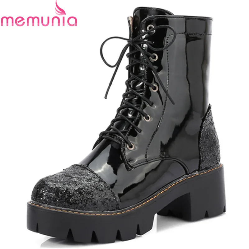 

MEMUNIA 2018 new arrival boots round toe square heels platform boots winter women lace up ankle boots size 33-43