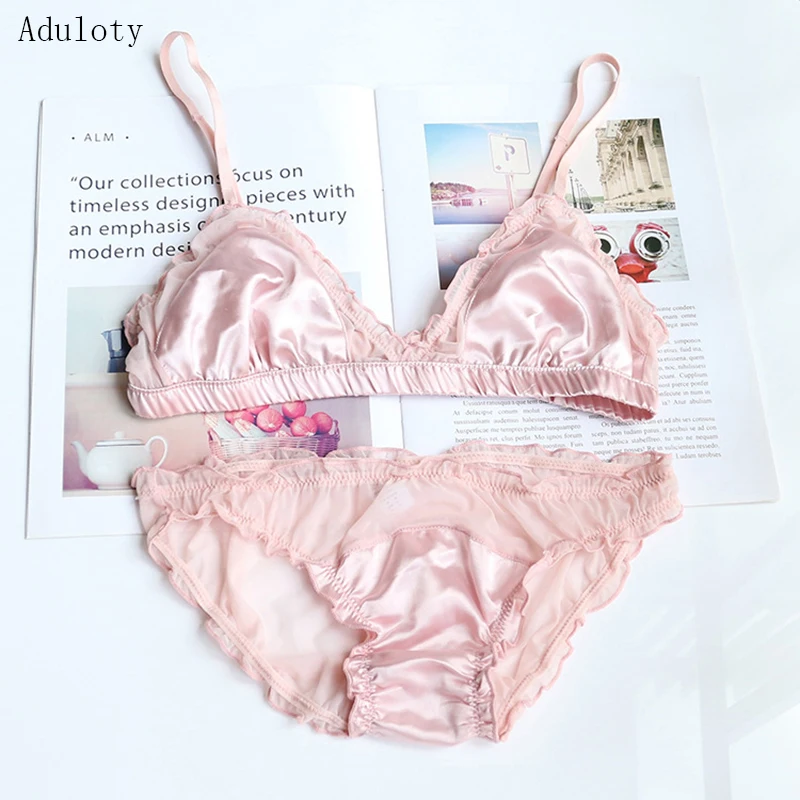 

Aduloty Cute girl lace Panties set satin lace comfortable bra transparent mesh underwear women's sexy candy color pink thong