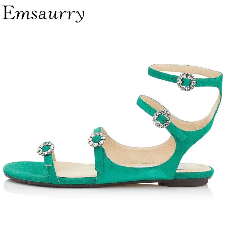 

The New Summer One-strap Sandalias Mujer Open Toe Sweet Crystal Buckle Flat Gladiator Sandals Women