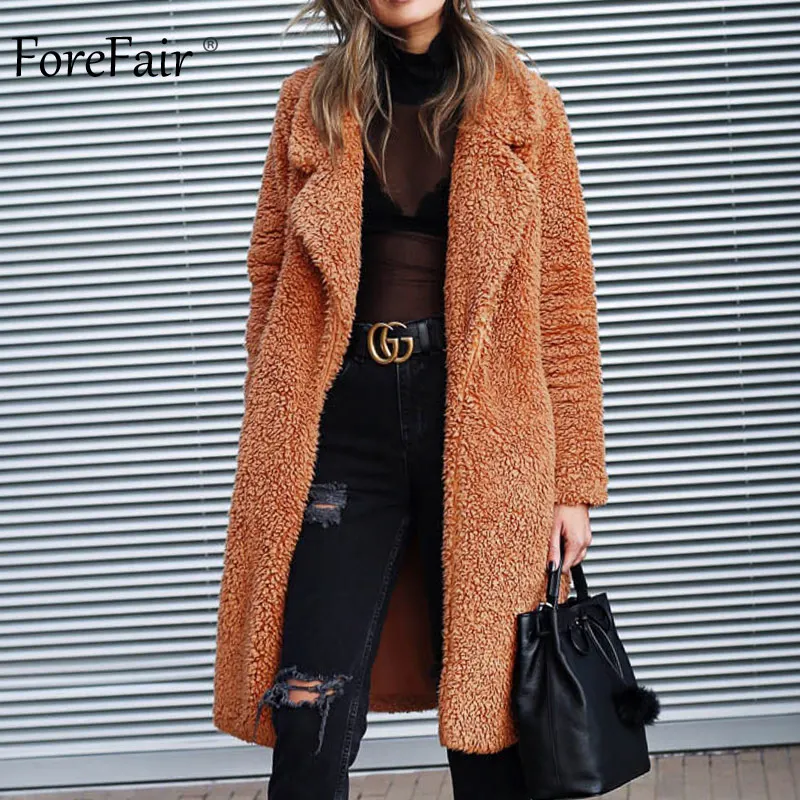 Forefair Winter Oversize Faux Fur Coat Women Manteau Plus Size Wide Lapel Warm Shaggy Teddy Bear Black Long Coat Women
