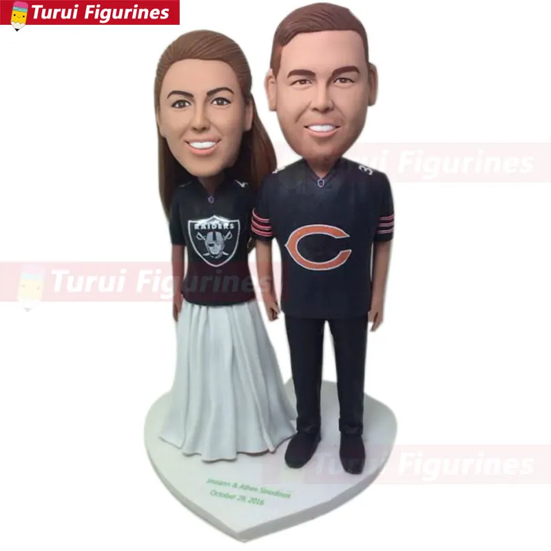 

Oakland Raiders Chicago Bears Fan Personalized Wedding Cake Topper Custom Bobble Head Figurine Based on Customers' Photos Weddin