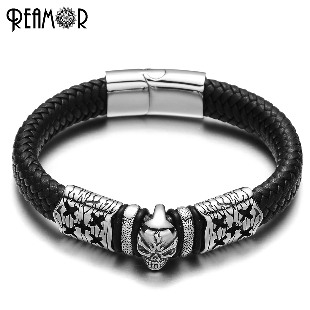 

REAMOR 316L Stainless Steel Skeleton Bracelets Crack & Anger Skull Head Bracelet Wide Braided Leather Rope Bangles Men Jewelry