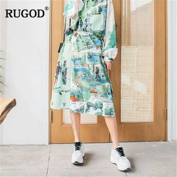 

RUGOD 2019 New Women Map Print Skirt High Elastic Waist Loose A-line Long Skirt High Street Preppy Style Temperament Fahion