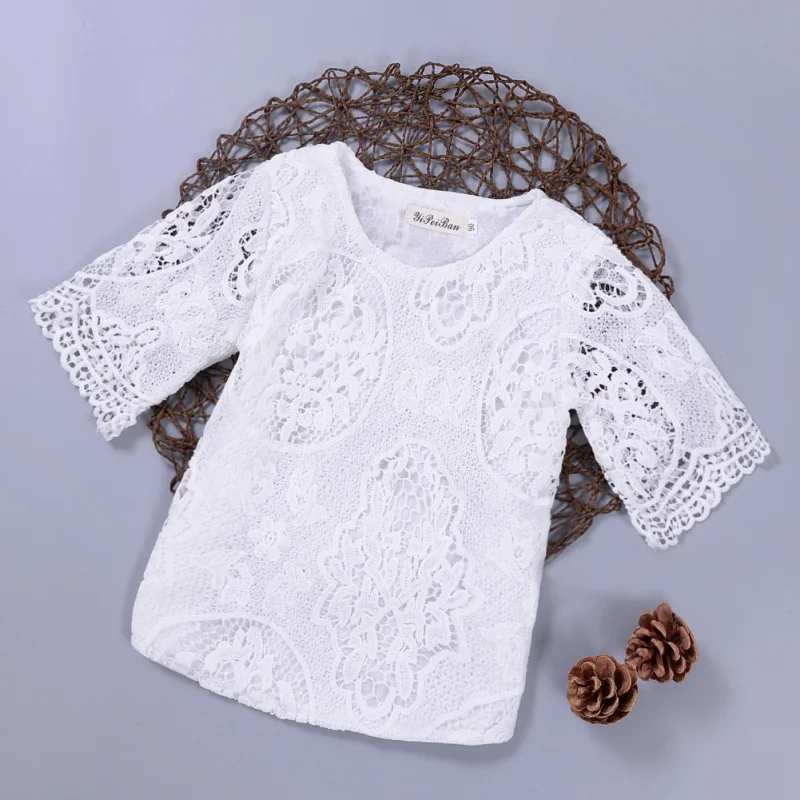 

New Spring Autumn Kids Baby Girl's Lace Flower Pattern Shirt Tops Long Sleeve Blouse Pullover O Neck White Costumes