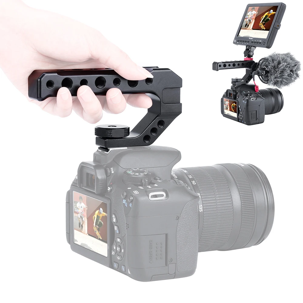 

Aluminum DSLR Top Handle Grip w 3 Cold Shoe Mounts 1/4'' 3/8'' for Monitor Microphone Video Light to Sony A6400 6300 Nikon Canon