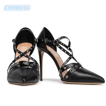 

Fashion Black Buckle-fastening Ankle Strap Stilettos Sandals Women Pointy Toe Buckle Sexy High Heels Ladies Party Shoes Sandals