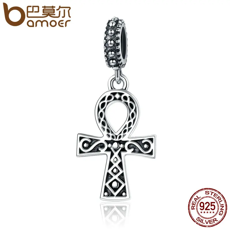 BAMOER Authentic 925 Sterling Silver Classic Power of Faith Cross Dangle Charms Fit Bracelets DIY Jewelry Making S925 SCC185