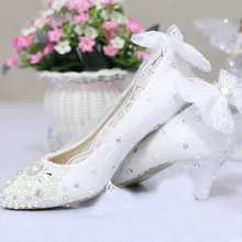 Free Shipping new fashion women’s shoes lace 2″ Heel pearl wedding shoe White Color Middle Heel Celebration Prom Shoes