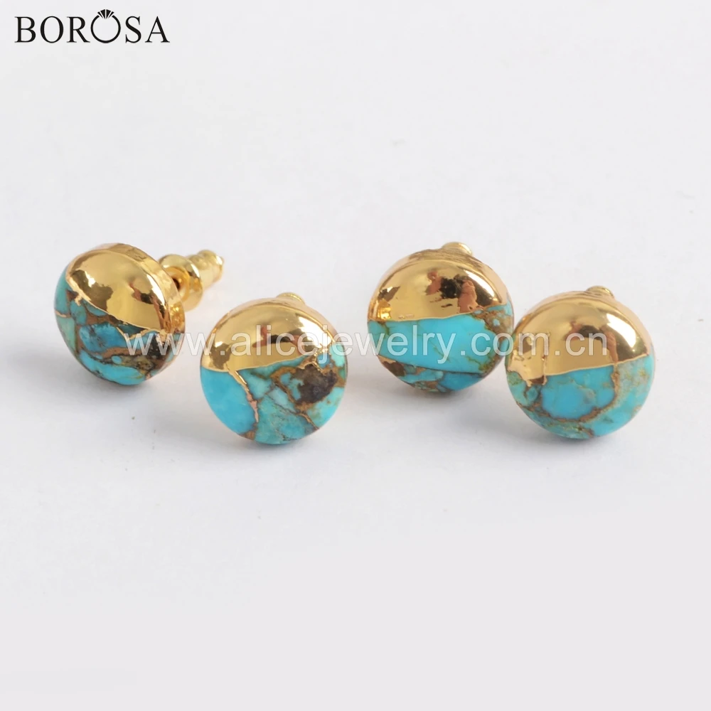 

BOROSA 5Pairs New 10mm Square Round Triangle Natural Gold Line Turquoises Gold Framed Stud Earrings Fashion Studs Jewelry G1723