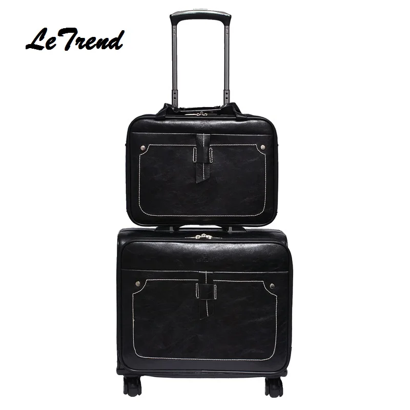 Letrend, мужской деловой чемодан на колёсиках из искусственной кожи, набор, Спиннер, Ретро стиль, тележка, 18 дюймов, для переноски чемоданов, колеса, Женская дорожная сумка - Цвет: black