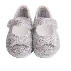 16 дюймовые модельные туфли для девочек; модные модельные туфли с серебряным бантом; обувь для новорожденных из искусственной кожи в
