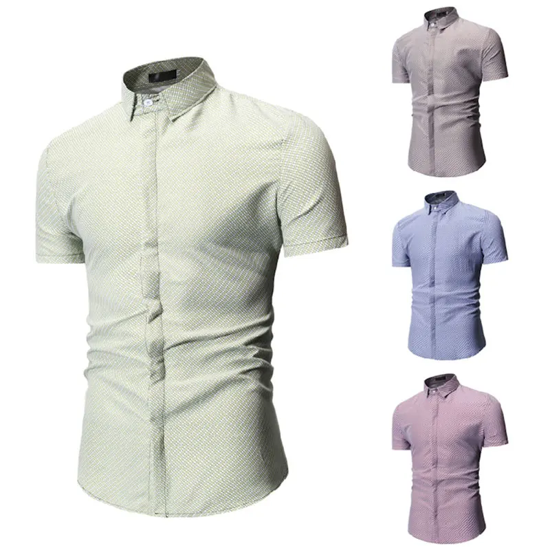 

Business Mens Shirts Slim Fit Pattern Male Shirts Blue Green Red Brown M-3XL Men Short Sleeve Shirt