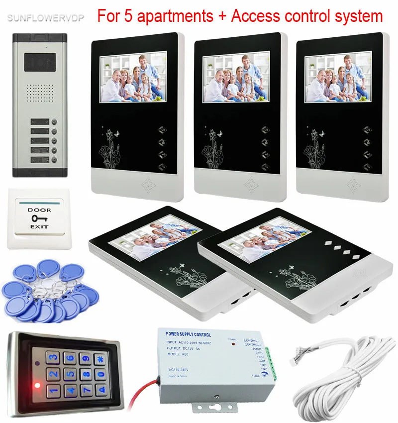 Для 5 отдельных квартиры цветной видеодомофоны Интерком системы s 5 lcd и 5 клавиш безопасности дверной звонок+ система контроля доступа