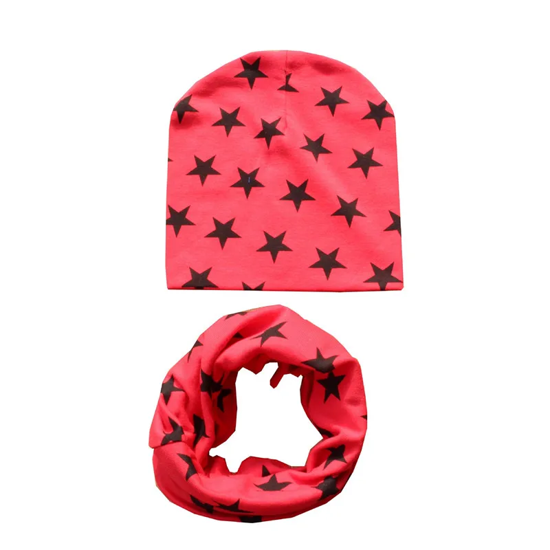 Хлопковые детские наборы шарф шапка детская шапка комплект весна дети кольцо воротник мальчик теплые шапочки Осень Wnter звезда печати шапка для маленьких девочек - Цвет: full star red