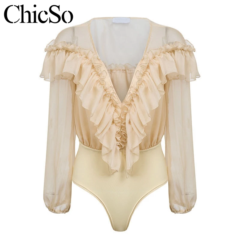 MissyChilli Ruffle chiffon women bodysuit Sexy deep v neck long sleeve bodysuit top Autumn vintage party transparent bodysuit