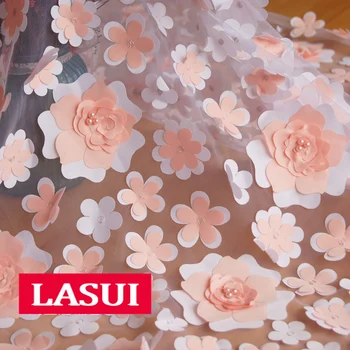 

LASUI 1y=1lot graceful 3D flower embroidery mesh lace fabric Heavy beaded lace applique DIY wedding dress fabric X0369