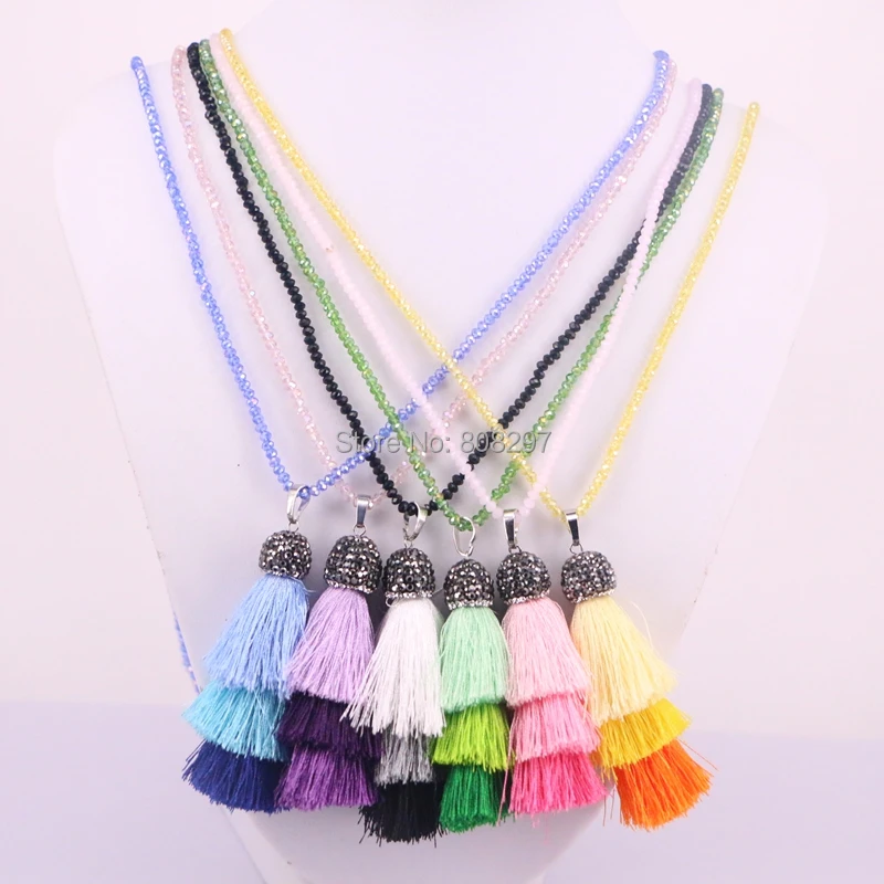 10 Strands handmade cord layer tassel charm necklace,fashion glass bead