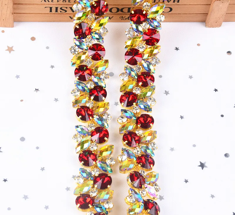 

free shipping 1yard 3.2cm romantic Multicolor glass acrylic Concentrated Rhinestone chain trim applique gold tone costume sewing