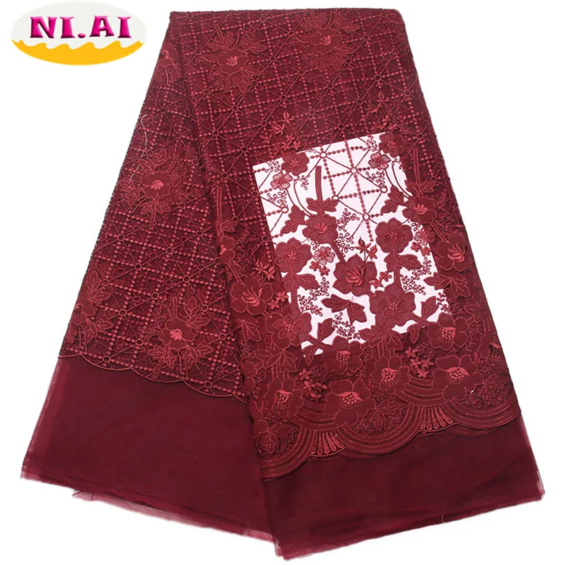 

High Quality African Tulle Lace Fabric 2017 Wine Embroidered Lace Trim Wedding Dress French Lace Fabric For Bride XY1071B-1