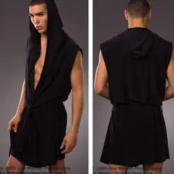 Для мужчин одеяния удобные повседневные халаты без рукавов вискоза пикантные с капюшоном домашний халат Мужская сексуальная пижама