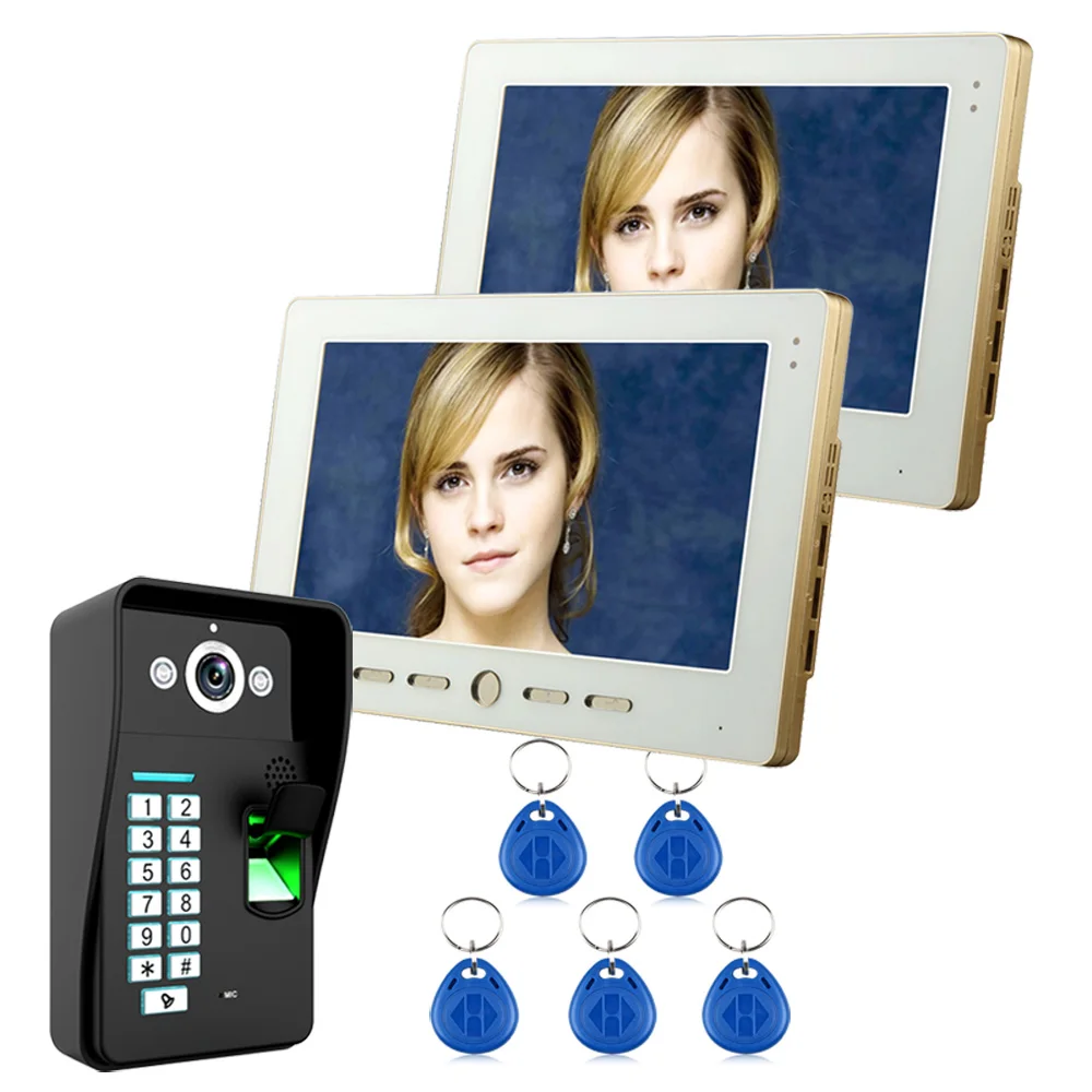 10\ Lcd 2 Monitor Fingerprint Recognition RFID Password Video Door Phone Intercom System kit With IR Camera 1000 TV Line