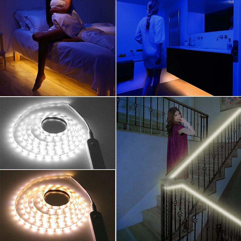 Светодиодная лента лампа 1 м 2 м 3 м беспроводной датчик движения PIR Светодиодный ночной Светильник для кровати 5 в 2835 Светодиодная лента питание от батареи типа ААА Гибкая лампа