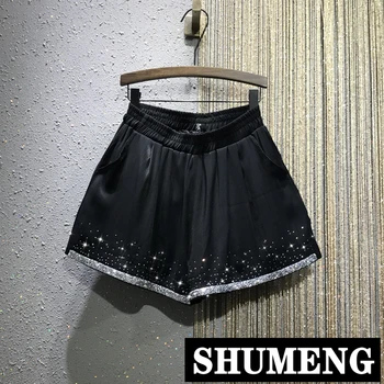 

European 2019 Summer New Hot Drill Leisure Trousers Loose Waist Women's Thin Wide-legged Shorts Female Black Shorts