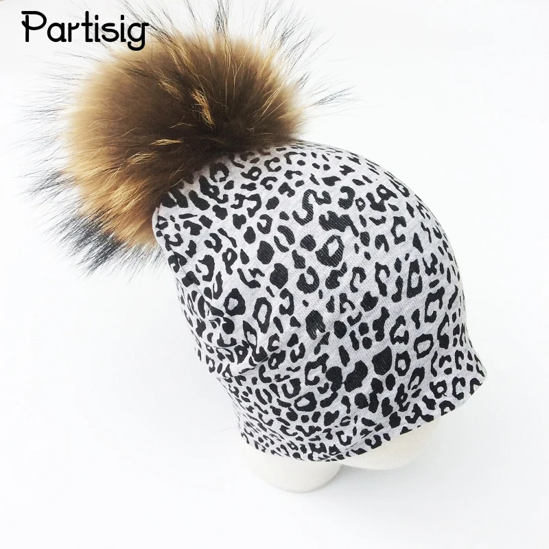 Fashion Leopard Print Baby Hat Real 15cm Raccoon Fur Ball Hat For Girls