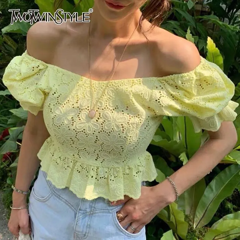 

TWOTWINSTYLE Hollow Out Solid Women Blouse Square Neck Puff Sleeve Ruffles Tunic Shirt Female Fashion Clothes 2019 Summer