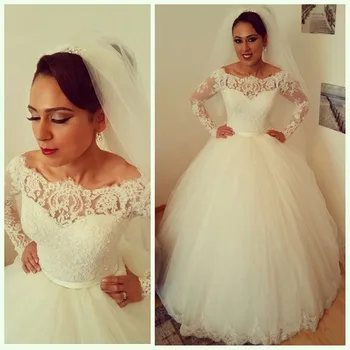 

vestido de noiva Latest Tulle Applique Ball Gown Wedding Dress With Long Sleeves 2019 Bridal Wedding Gowns Wholesale