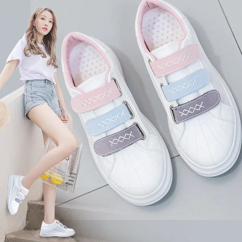 

2019 Women Sneakers for Summer Thick Bottom Flat Heel Hook Loop Female White Shoes Leather Air Mesh Cloth Breathable Shoes 35-40