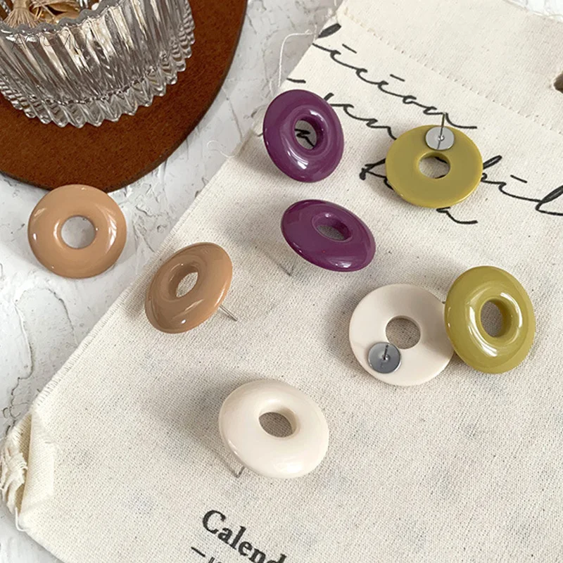 

AOMU Morandi Color Retro Acetic Acid Button Geometric Hollow Circle Acrylic Stud Earrings for Women Girl Jewelry Bijoux