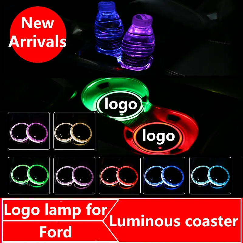 2X Car Logo Light LED Cup Drink Holder Coaster Stickers For Ford Mondeo Mustang Focus 2 3 4 MK3